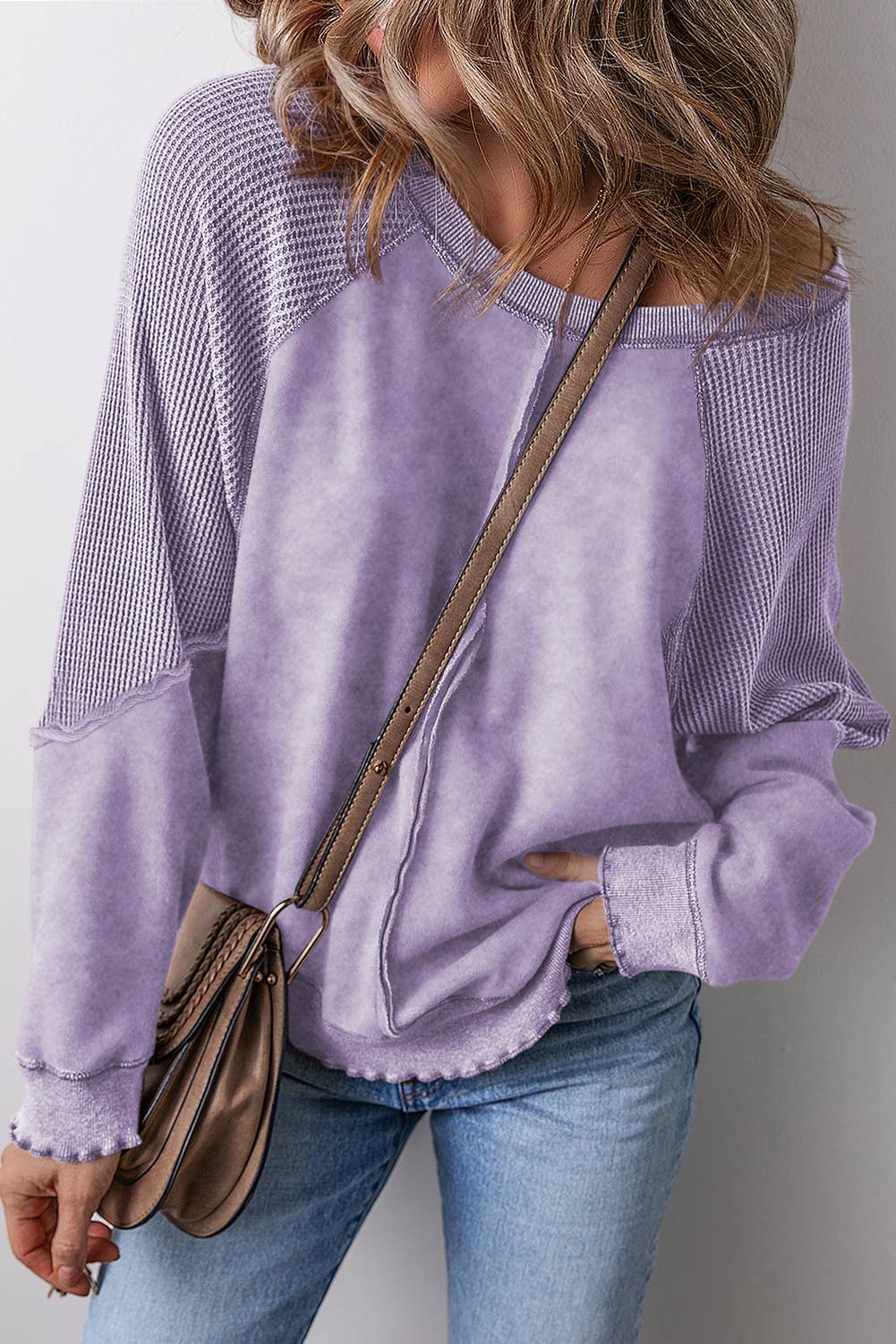 Waffle Knit Patchwork Long Sleeve Sweatshirt