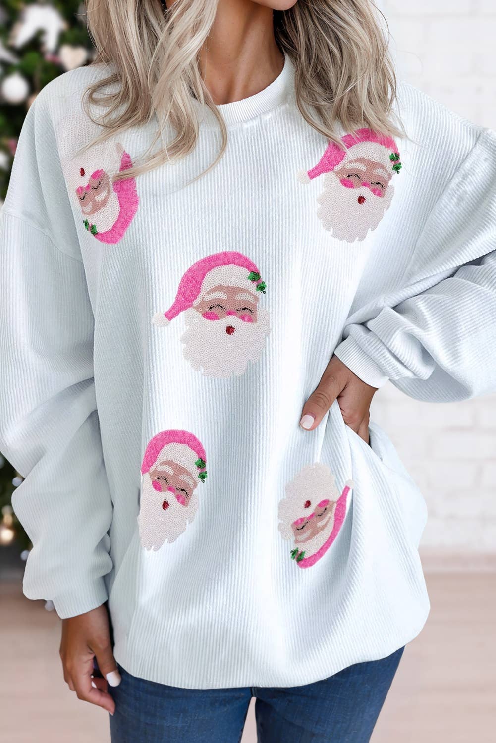 Sequin Santa Claus Christmas Graphic Sweatshirt  | XS-L