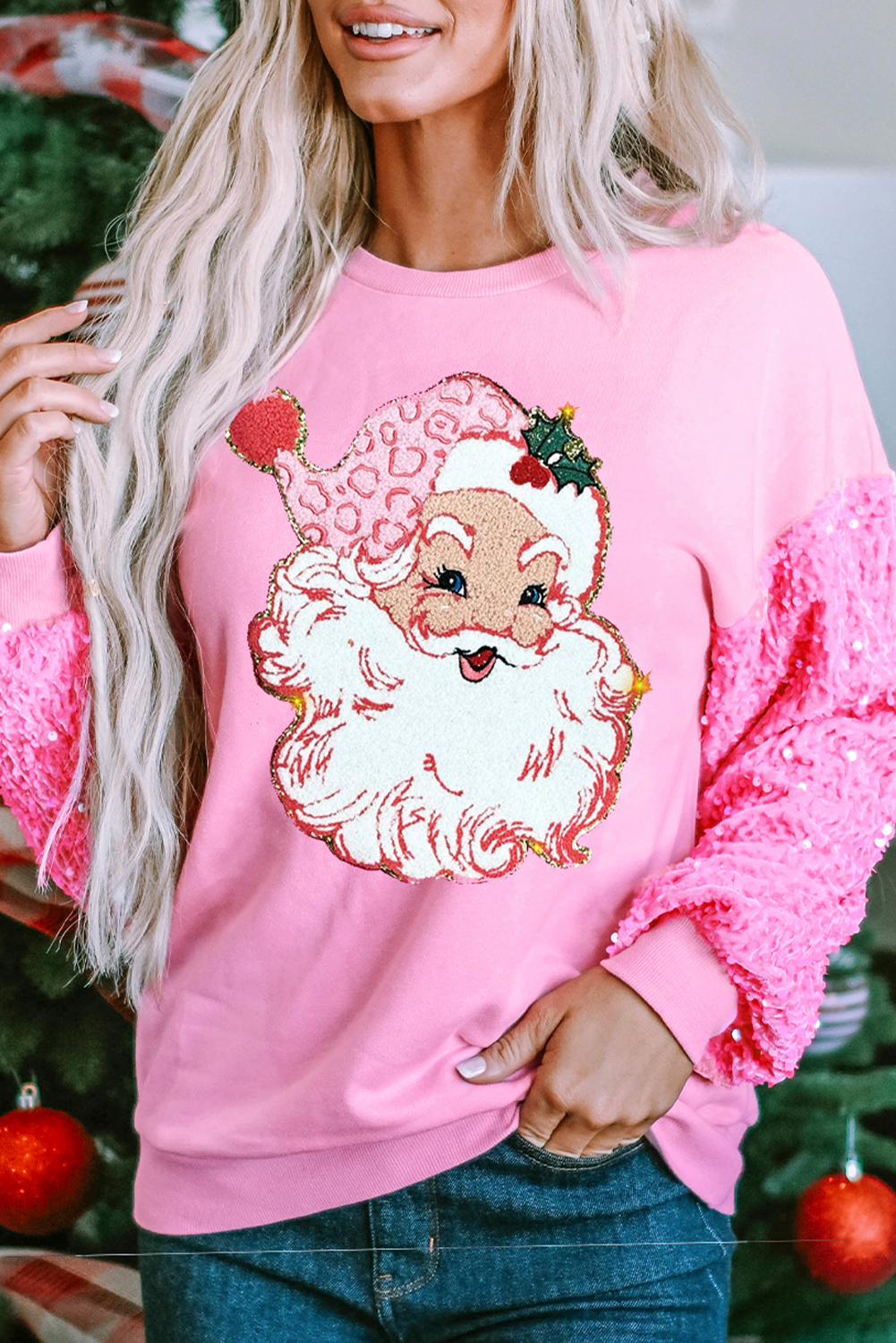 Santa Christmas Graphic Sequin Sleeve To